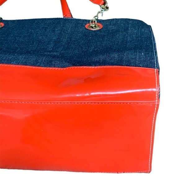 Anne Klein Mix Media Stripe/Denim/Leather Graphic Print Tote Handbag 250G - Picture 6 of 12